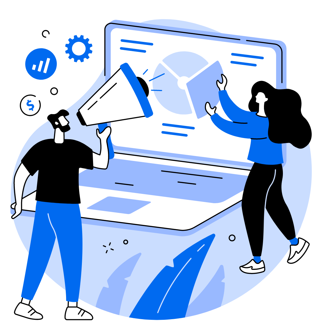 En la imagen se muestra el dibujo de un hombre y una mujer, el hombre con un megáfono y la mujer sosteniendo el gráfico en la pantalla de una laptop, la imagen describe que como agencia de diseño web nuestras páginas son hechas para generar conversiones reales.